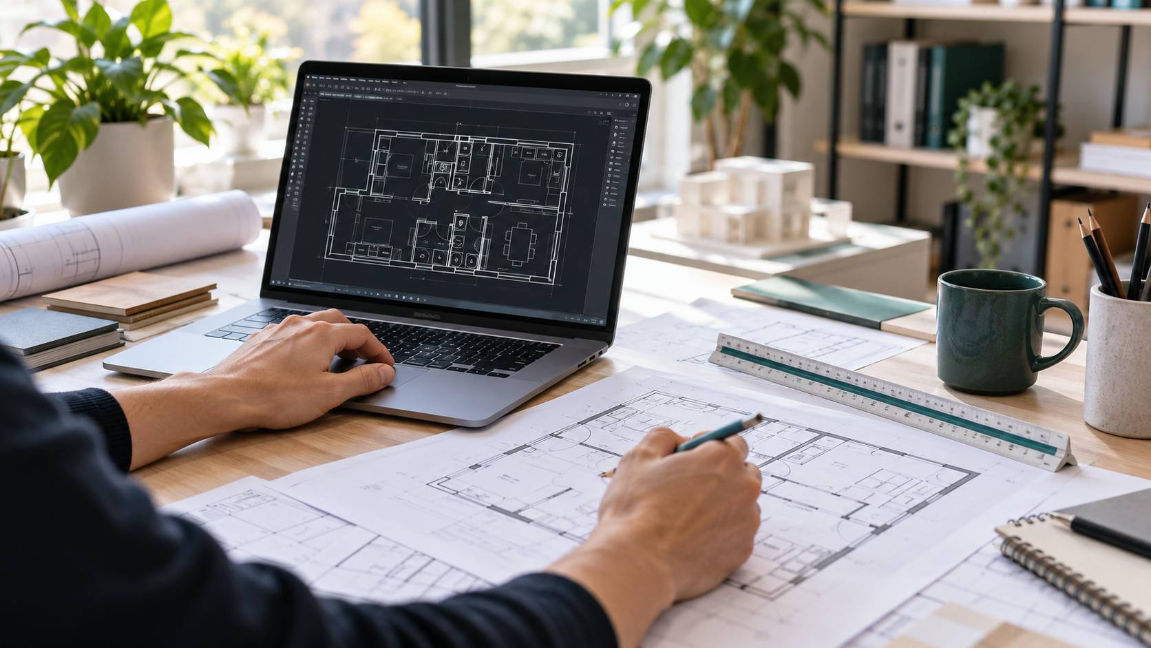 Apprentissage du dessin 2D sur ordinateur avec plan architectural, règle et crayon sur un bureau