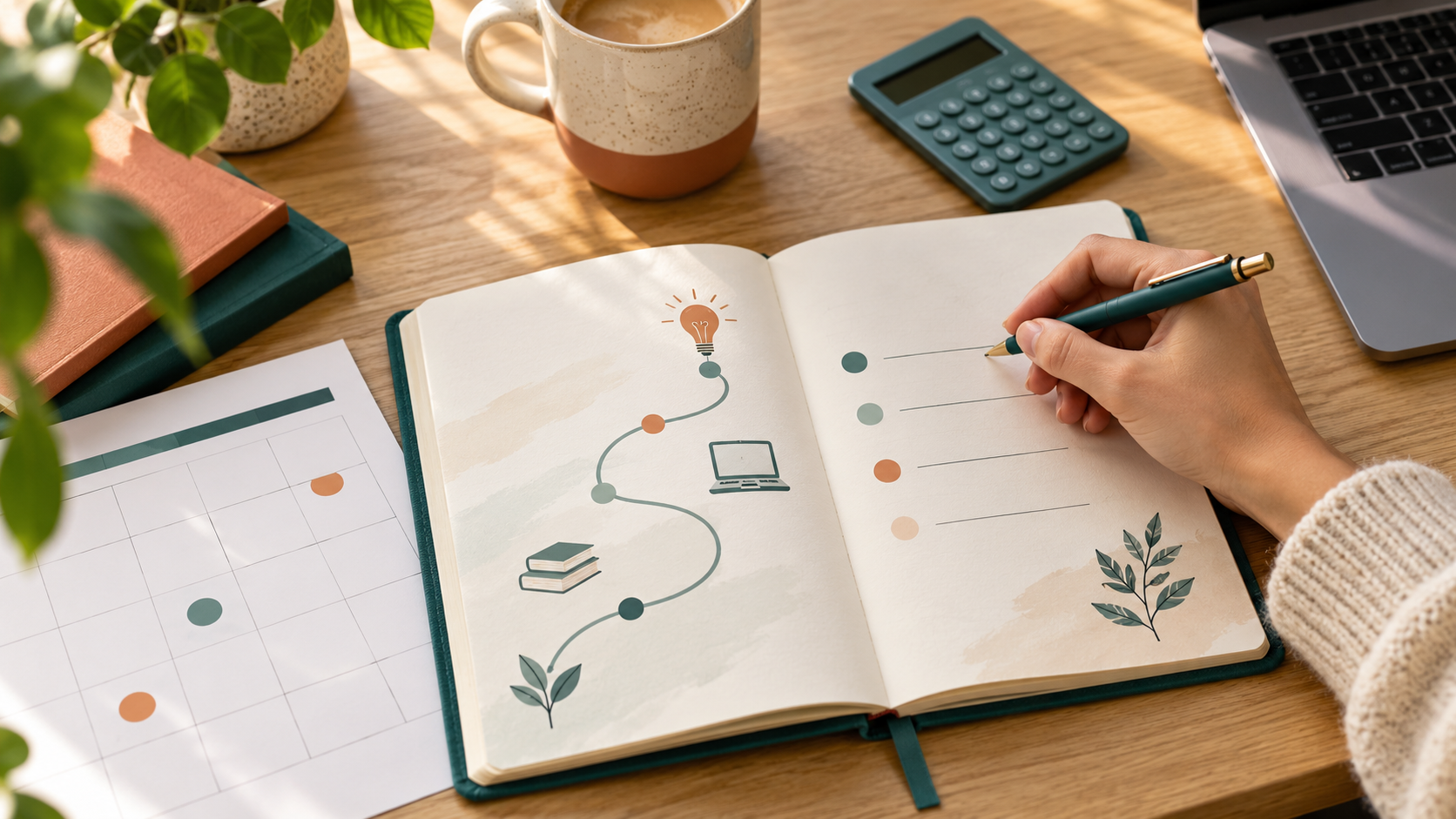 Préparation d’un projet de formation avec carnet, calendrier et calculatrice sur un bureau
